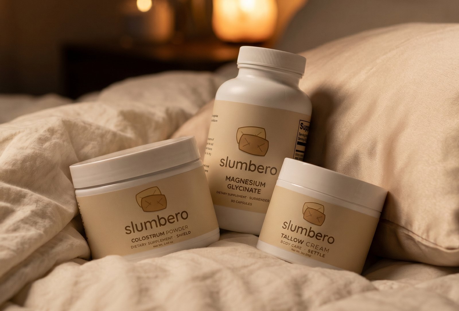 the slumbero ritual: powder, balm, capsules on a bed at golden hour